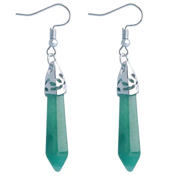 Green Aventurine Natural Stone Gemstone Hexagon Point Healing Dangle Earrings - Picture 2 of 3